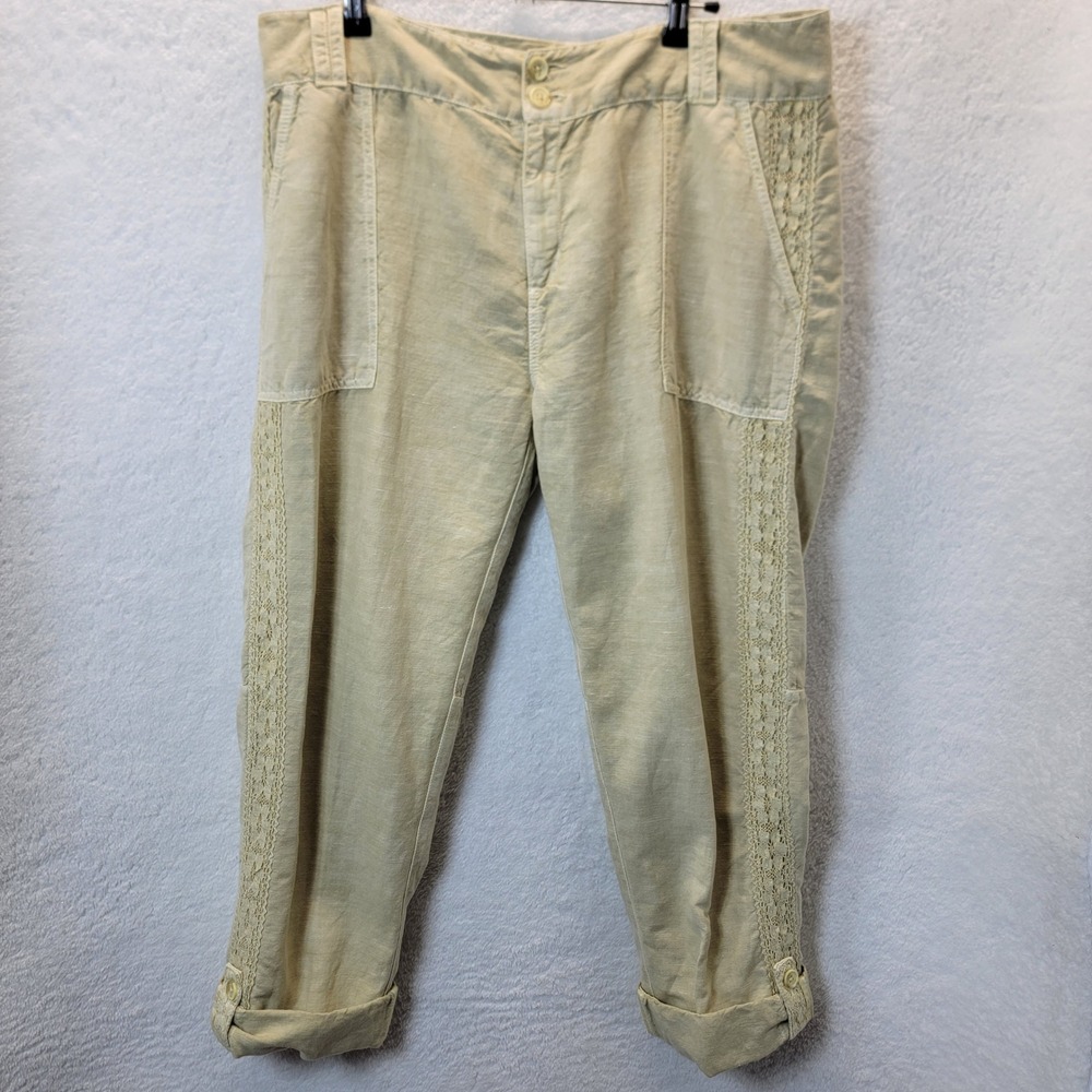 Sundance Women Linen Organia Lace Pants Boho Roll Tab Leg Pants Beige Cottage 16